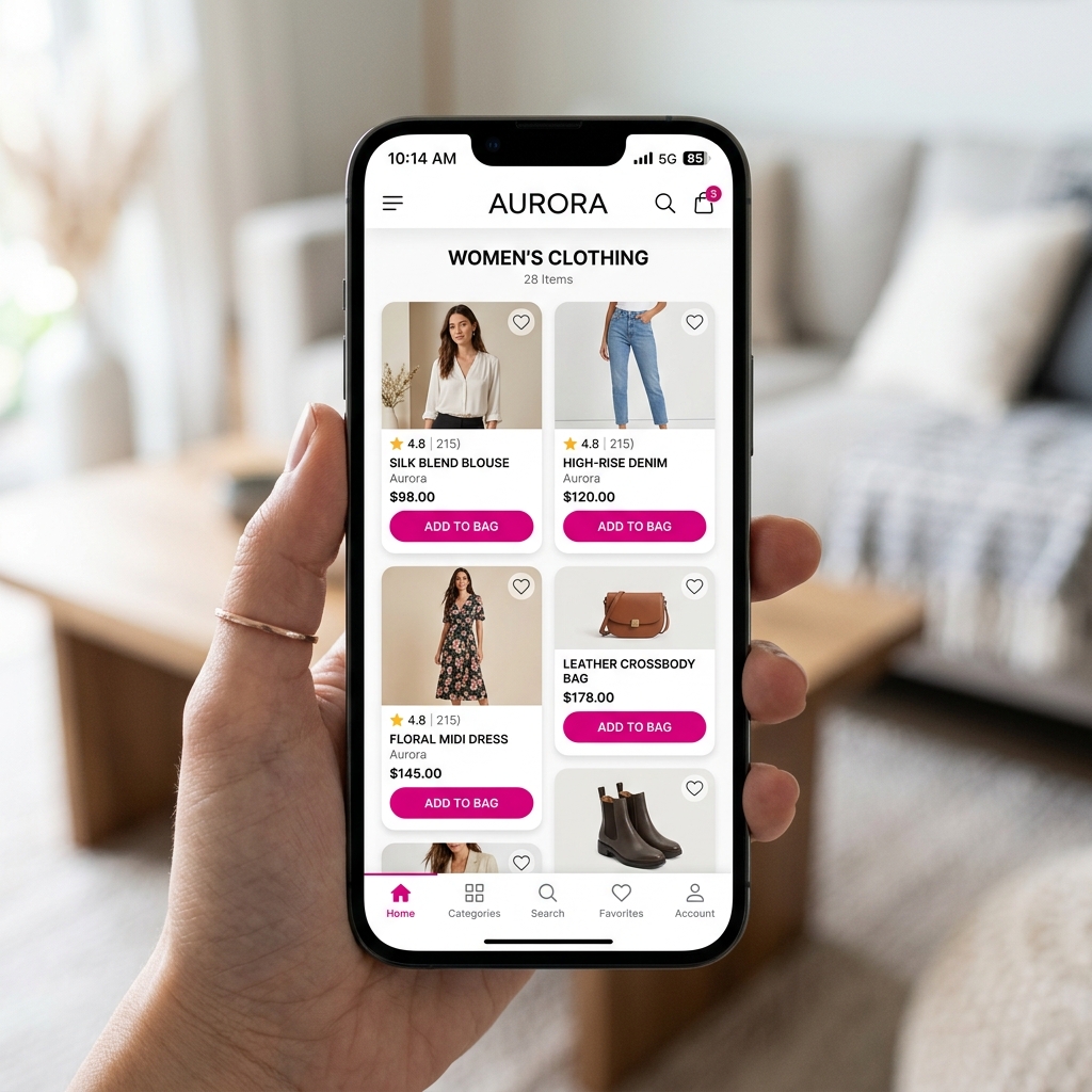 LuxeVibe Store, Halaman katalog e-commerce LuxeVibe di smartphone